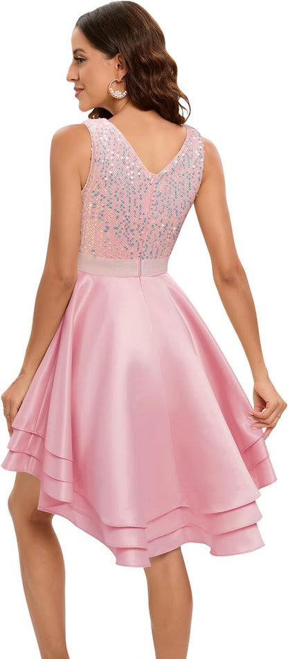 Shimmering sequin dress with satin skirt perfect for formal occasions; flattering A-line silhouette.