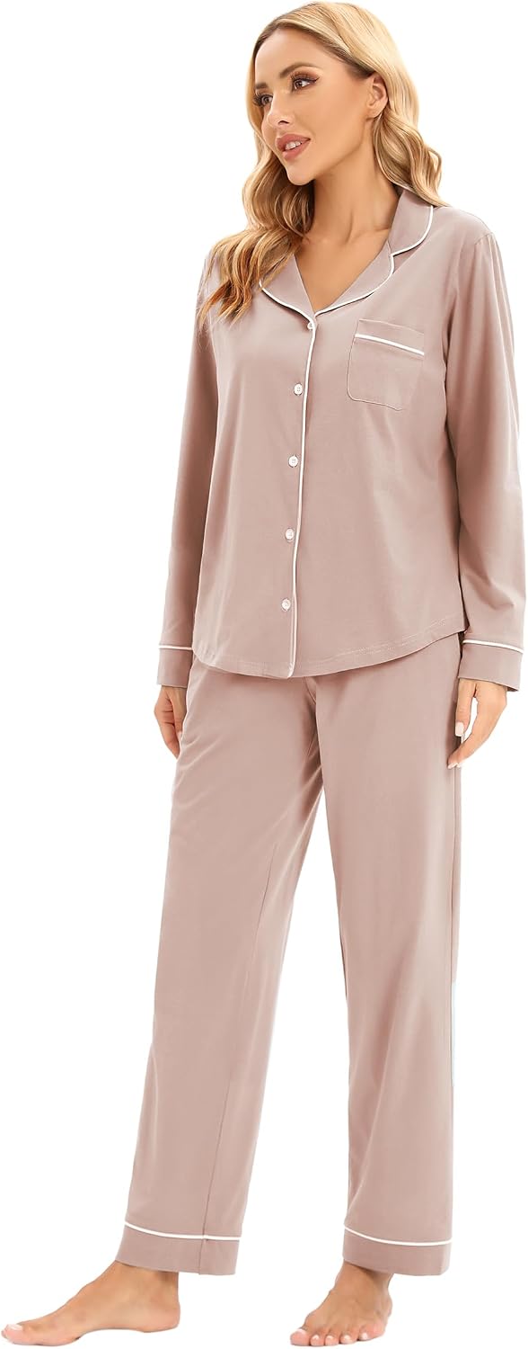 LUBOT 100% Cotton Pajamas for Women Pajama Set Soft 2 Piece Sleepwear PJ Set Long Sleeve Button Knit Cozy Loungewear XS-XXL