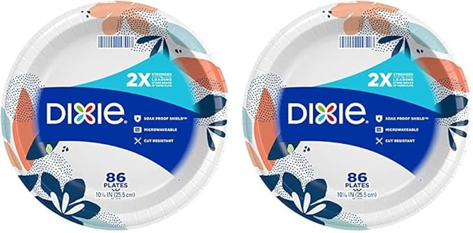 Dixie Large Paper Plates, 10 Inch, 86 Count, 2X Stronger*, Microwave-Safe, Soak-Proof, Cut Resistant, Great For Everyday Breakfast, Lunch, & Dinner Meals (Pack of 2)
