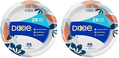 Dixie Large Paper Plates, 10 Inch, 86 Count, 2X Stronger*, Microwave-Safe, Soak-Proof, Cut Resistant, Great For Everyday Breakfast, Lunch, & Dinner Meals (Pack of 2)