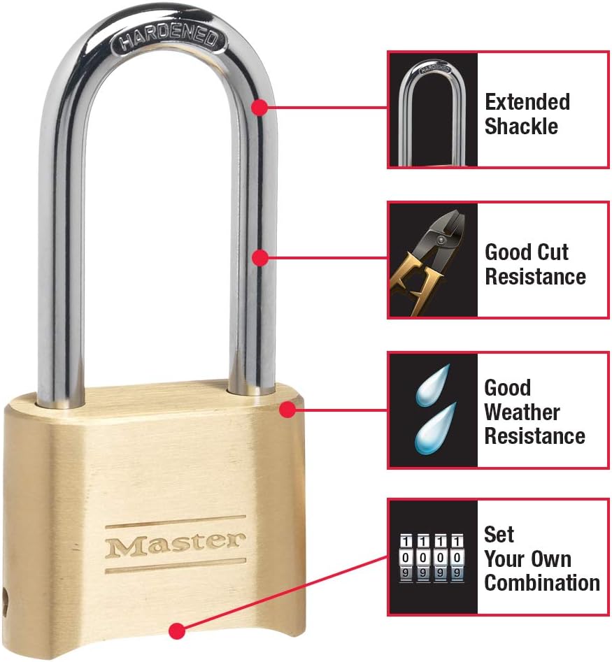 Master Lock Brass Combination Lock, Gate Lock for Outdoor Fence or Shed, Customizable Combination Padlock with Extended 2-1/4-Inch-Long Shackle, 175DLH