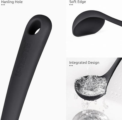 2.6oz Small Silicone Soup Ladle: U-Taste 600oF Heat Resistant Non-Stick Kitchen Deep Serving Spoon, Soft Cooking Utensil with Non-Slip Solid Handle for Mixing Sauce Stew Gravy (11in, Black)