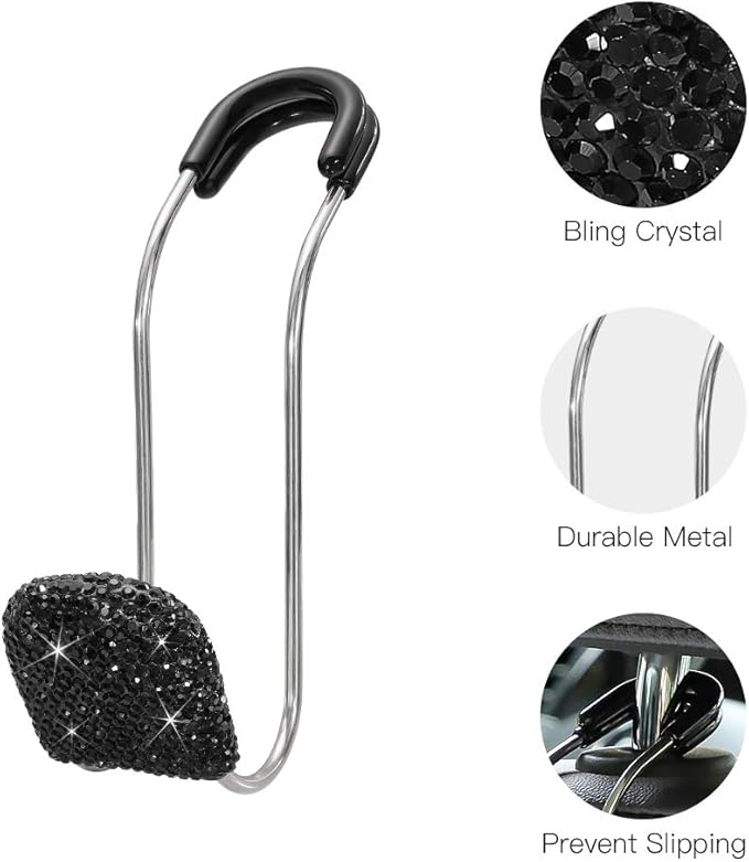 SAVORI Car headrest hooks, universal rhinestone car accessories for car rear seat, metal head hanging organizer, holder for
