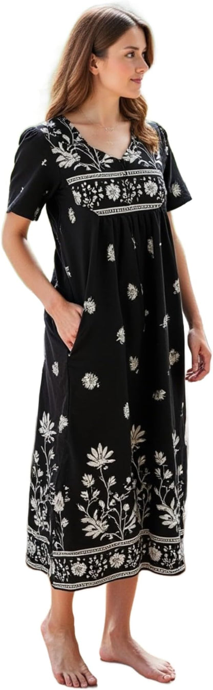 Loungees Short Sleeve Black Monotone Lounger House Dress Caftan - 3 Button Bib Yoke and Pockets