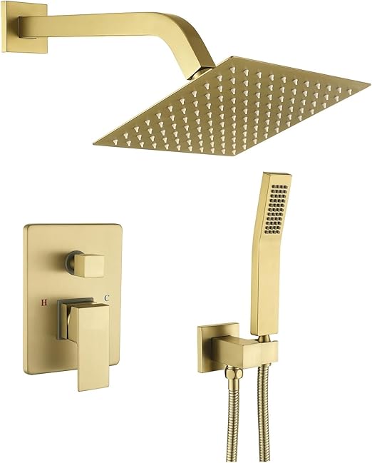 Shower Faucet set Brushed Gold Shower System with 10'' Square Rainfall Showerhead and Handheld Shower Sprayer,Inclued Control Valve and trim kit