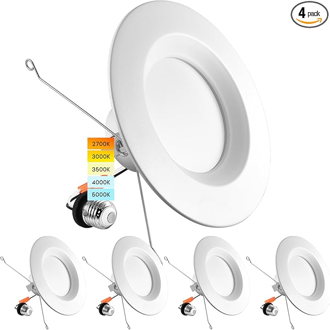 LUXRITE 56 Inch LED Recessed Retrofit Downlight, 14W90W, CCT Color Selectable 2700K  3000K  3500K  4000K  5000K, Dimmable Can Light, 1100 Lumens, Wet Rated, Energy Star, Smooth Trim (4 Pack)