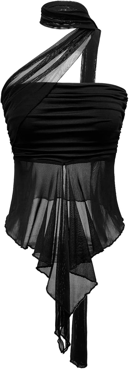 Milumia Women's Mesh Scarf Halter Tops Asymmetrical Hem Y2k Going Out Rave Concert Tube Tops