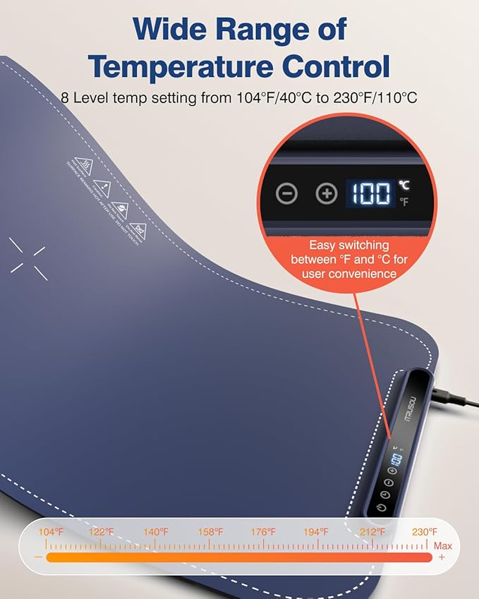 Warming Mat for Food, iTRUSOU Silicone Electric Warming Tray with 7 Temp-Settings, 1-8Hr Auto Shut-Off, Switchable FahrenheitCelsius, Upgrade Strap Keep Food Warm at Buffet, Party, Sabbath, Daily Use