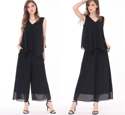 heipeiwa Women's Capris Crop Chiffon Pants Summer Beach Vacation Culottes Casual Dress Wide Leg Palazzo Pants