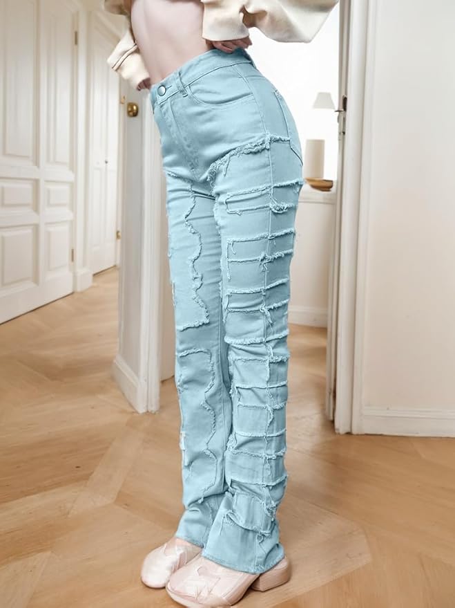 TIAFORD Women's Fashion Washed Raw Edges Straight Jeans Casual Stretchy Overlay High Waist Denim Pants Trousers for Women