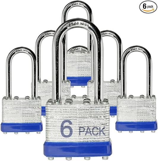 Lock Outdoor Padlocks, Key Lock, Padlocks with Same Key - Laminated Steel Keyed Padlocks with Long Shackle, 6 Pack, for Hasp Latch, Sheds, Fences, Storage Locker, School, Gym