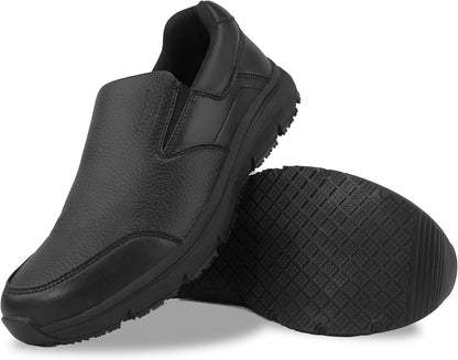 Jacata Non Slip Black Work Shoes for Men Food Service Mens Water Slip Resistant Leather Slip on Chef Walking Shoes for Restaurant Kitchen Sneakers