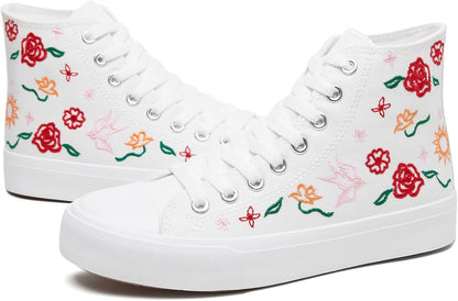 TUOPIN Women's High Top Canvas Sneakers - White and Black Fashion Embroidery Casual Walking Shoes for Women Comfortable Breathable Lace-Up Tennis Shoes