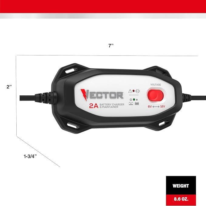 Vector VECBC2 2 Amp Battery Charger/Maintainer with 6V/12V Selector