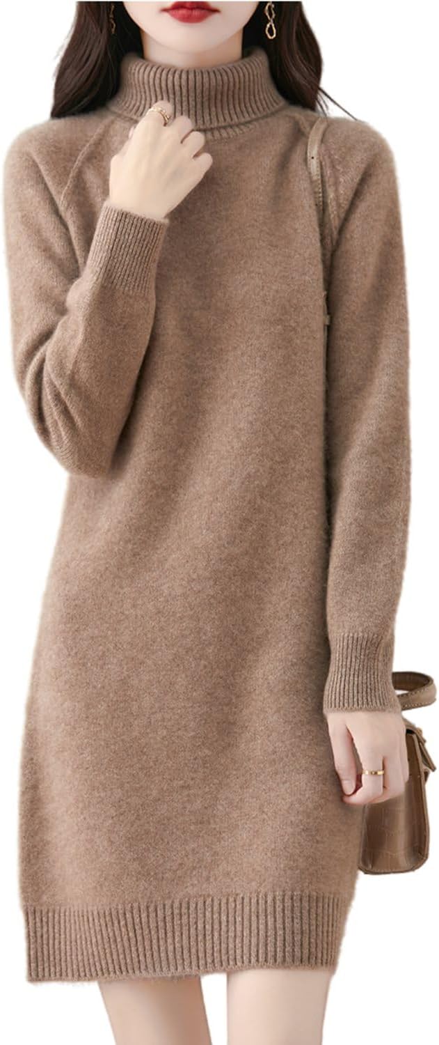 Thick Sweater Dress Women's Turtleneck Raglan Sleeve Merino Wool Pullover Autumn Winter Knitted Long Tops