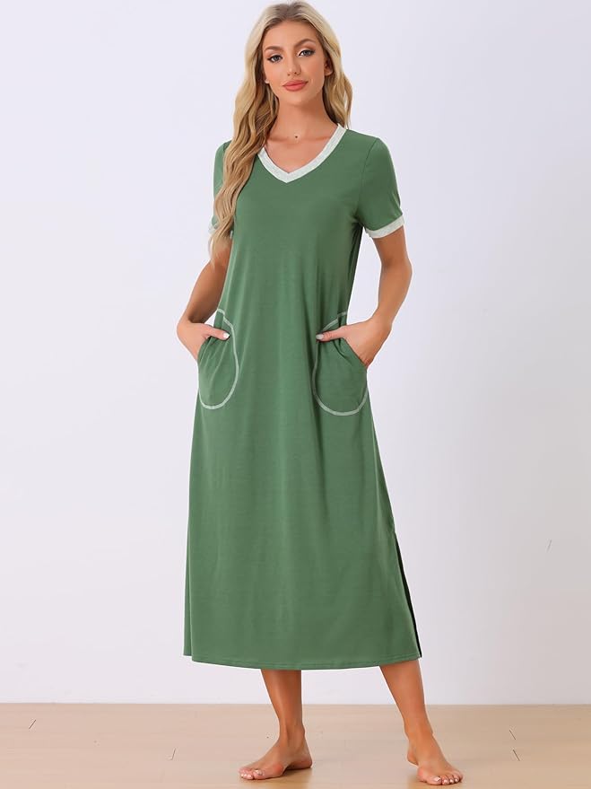 cheibear Women V Neck Nightshirt Long Basic Slit Nightgown Big Pockets Short Sleeve Sleepshirt