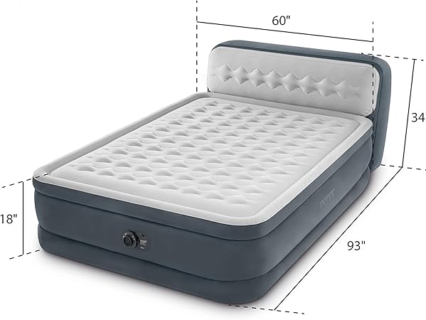 Intex 64447ED Dura-Beam Deluxe Ultra Plush Air Mattress with Headboard: Fiber-Tech  Queen Size  Built-in Electric Pump  18in Bed Height  600lb Weight Capacity