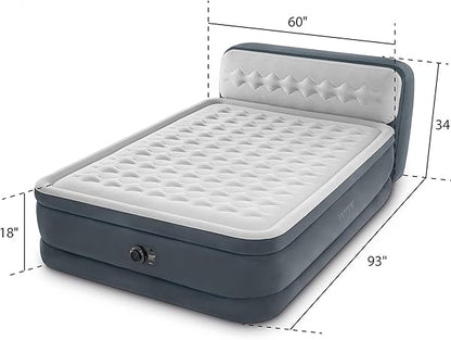 Intex 64447ED Dura-Beam Deluxe Ultra Plush Air Mattress with Headboard: Fiber-Tech  Queen Size  Built-in Electric Pump  18in Bed Height  600lb Weight Capacity