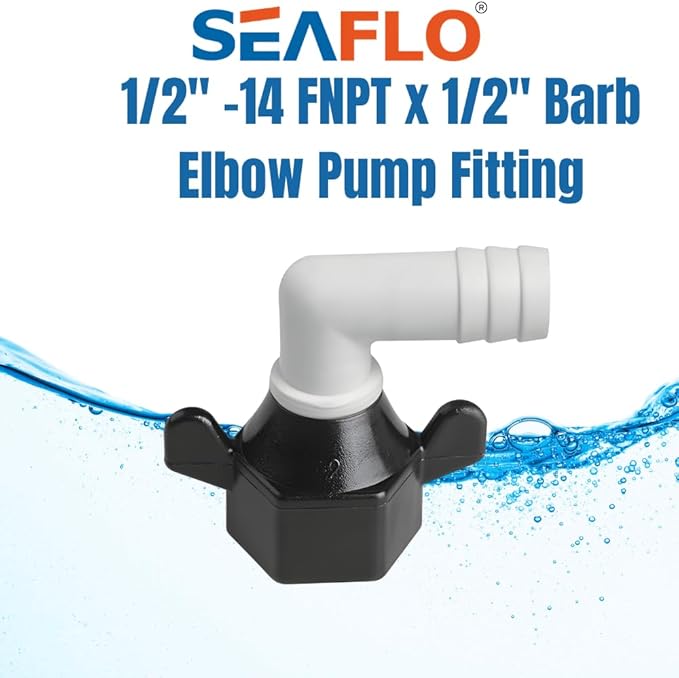 SEAFLO (NO: 51F03) 12"-14 FNPT x 12" Barb Angled Universal Pump Fittings for SHURFLO, SEAFLO, Circle River, Johnson, Jabsco, FLOJET, REMCO, Lippert, USA ADVENTURE and other Pumps (1-Pack)