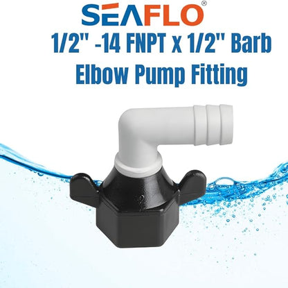 SEAFLO (NO: 51F03) 12"-14 FNPT x 12" Barb Angled Universal Pump Fittings for SHURFLO, SEAFLO, Circle River, Johnson, Jabsco, FLOJET, REMCO, Lippert, USA ADVENTURE and other Pumps (1-Pack)