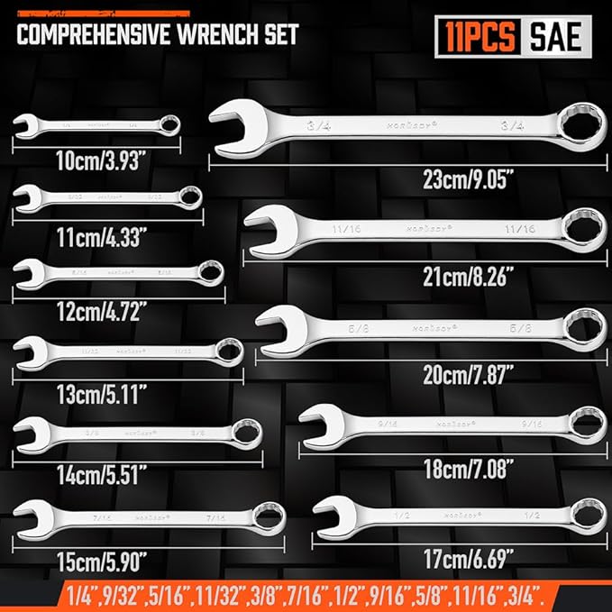 HORUSDY 11-Piece Sae Wrench Set  Combination Wrench Set with Organizer  12 Point  14" - 34"  Chrome Vanadium Steel