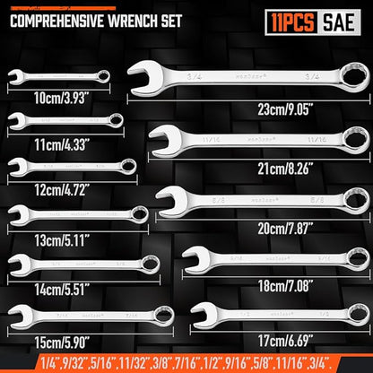 HORUSDY 11-Piece Sae Wrench Set  Combination Wrench Set with Organizer  12 Point  14" - 34"  Chrome Vanadium Steel