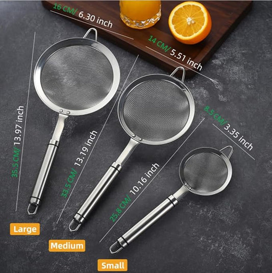 3.3 inch 304 stainless steel fine mesh strainer for kitchen, strainer-skimmer with handle, metal sieves
