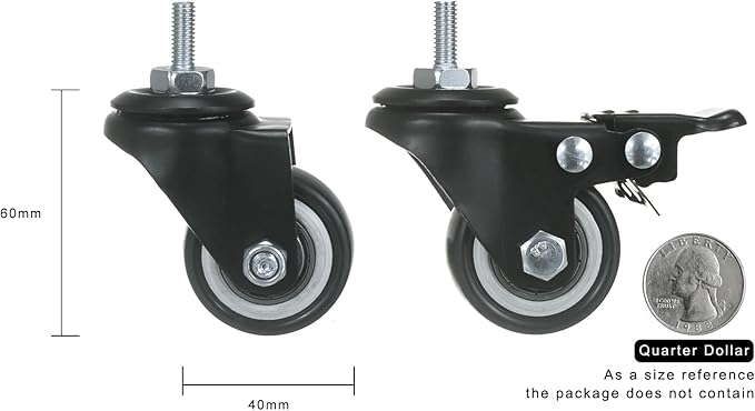 ZIIYAN 1.5 inch Stem Caster Wheels, Black Threaded Stem Caster Wheel?M6 x 15mm PU No Noise Swivel Castors with 360 Degree Rotation, Pack of 4 (One with Brake)