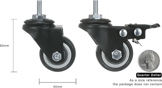 ZIIYAN 1.5 inch Stem Caster Wheels, Black Threaded Stem Caster Wheel?M6 x 15mm PU No Noise Swivel Castors with 360 Degree Rotation, Pack of 4 (One with Brake)