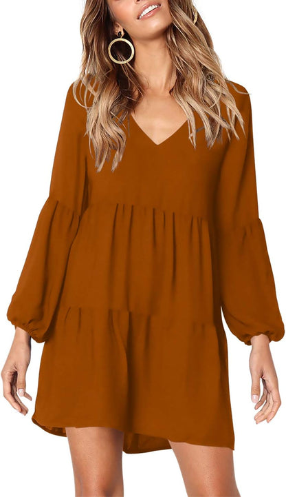 Amoretu Women's Long Sleeve V-Neck Swing Tunic Dress