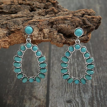 Boho Turquoise Oval Drop Dangle Earrings for Women Beaded Western Flower Teardrop Earrings Vintage Ethnic Alloy Pendant Jewelry Gift