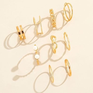 9x Bohemian Finger Ring Adjustable Band Ring Pearl Open Ring Silver Stackable Ring for Party Dress Accessory Birthday