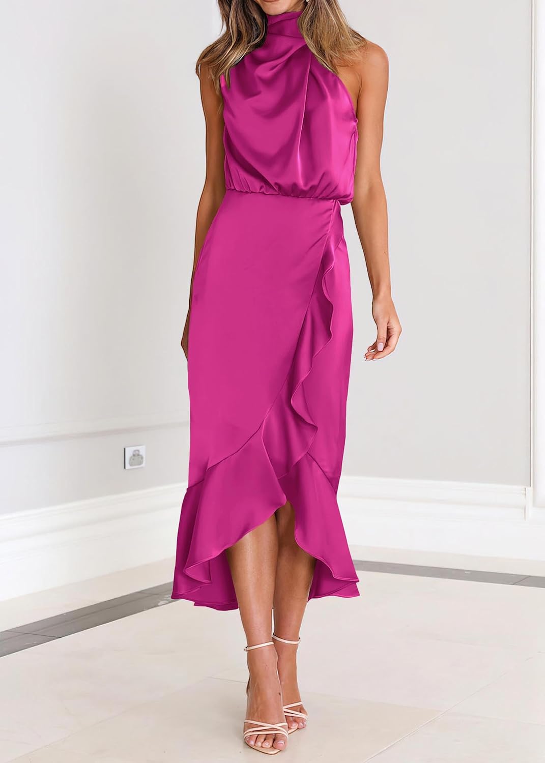 KIRUNDO Women 2026 Spring Summer Satin Mock Neck Wedding Guest Party Cocktail Midi Dress Sleeveless Wrap Ruffle Formal Dress