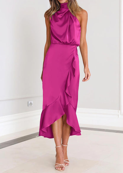 KIRUNDO Women 2026 Spring Summer Satin Mock Neck Wedding Guest Party Cocktail Midi Dress Sleeveless Wrap Ruffle Formal Dress