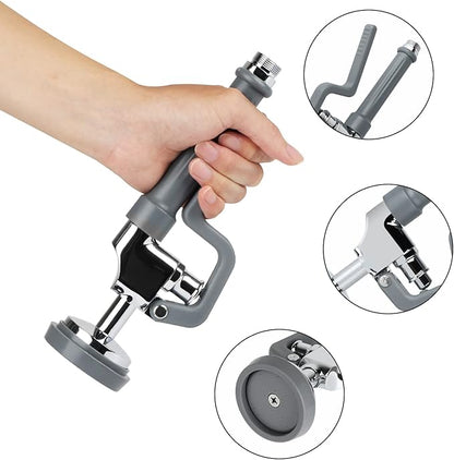 Commercial Sink Sprayer Head with Handle Grip, Pre Rinse Spray Valve for Restaurant Kitchen Faucet 1.42GPM High-Pressure Dish Sprayer Nozzle Assembly Replacement Kit Chrome Brushed (Gray)