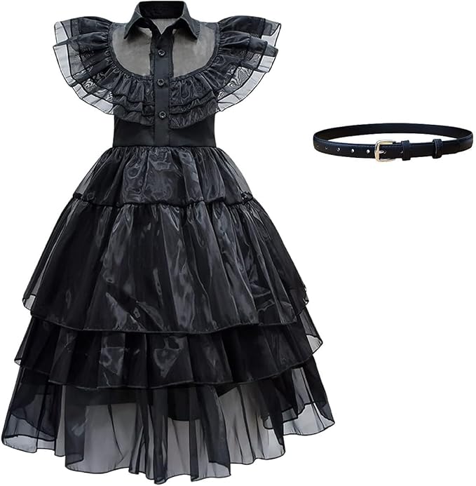 Plustrong Wednesday Addams Black Gothic Cosplay Dress for Girls Halloween Costume