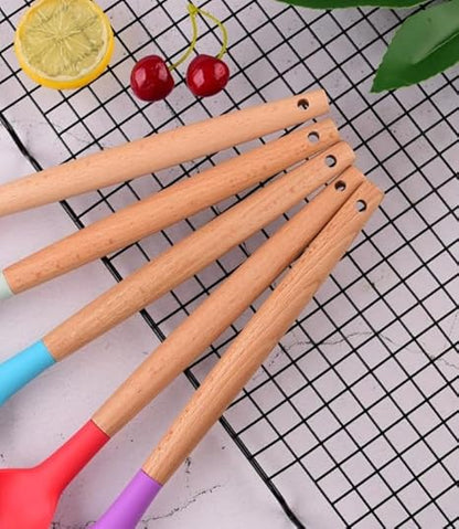 Wooden Handle Pasta Fork Spoon 12.4" Silicone Spaghetti Fork Food Grade Noodle Spoon, BPA Free, Spaghetti Spoons Strainer  Server Spoonss (Pink)