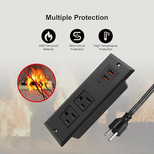 20W Recessed Power Strip USB C Fast Charge Desk Power Outlet Type C Flush Mounted Extension Power Plug for Conference Countertop Desktop Drawer Sofa ETL Listed (Black)