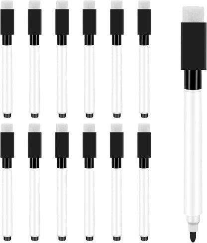 Mozeat Lens 12 Pcs Dry Erase Marker Magnetic White Fine Tip Magnetic Markers Whiteboard Markers with Eraser Marker for White Board Mini Dry erase Markers Dry Erase Pens for Office Home Black
