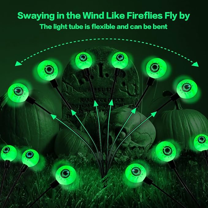 Halloween Decorations Outdoor Solar Scary Eyeball Lights,2PACKS 12LED Green Eyeball Swaying Firefly Lights,Waterproof Solar Halloween Path Lights for Yard Garden Lawn Party Decor