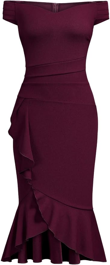 Knitee Women's Off Shoulder V-Neck Ruffle Pleat Waist Bodycon Evening Cocktail Slit Formal Dress