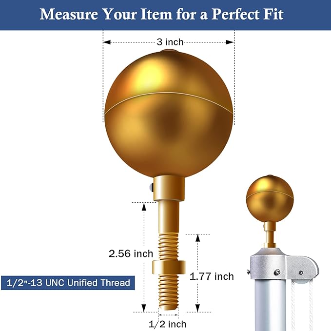 NQ Flag Pole Ball Topper Ornament - Flagpole Top Replacement, Gold Aluminum Anodized Finish - 12"-13UNC Threading Fit Most USA Flag Pole,Truck  Solar Light (3", Gold)