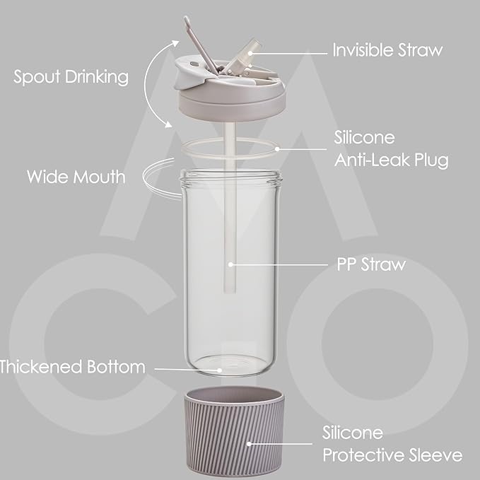 COMI Glass Travel Coffee Tumbler, Smoothie Cup Travel Dual-use Glass Coffee Cups with Lids Coffee Travel Cup with straw - 15 oz - Ash Grey