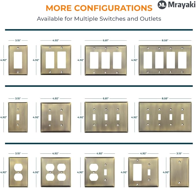 Wall Plate, Metal Duplex Outlet Covers, Light Switch Cover - Decorative Outlet Cover Plate Variety of 13 Styles: DecoratorDuplexToggleCombo, Antique Brass (Single Duplex 4 Pack)