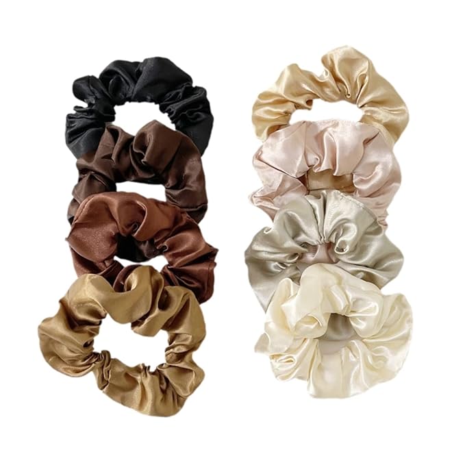Silk Satin Scrunchy, 8pcs Scrunchies Hair Ties, Hair Elastics Bands, Ponytail Holder, Colors Elastic Hair Bands for Girls and Women  Neutral Colors