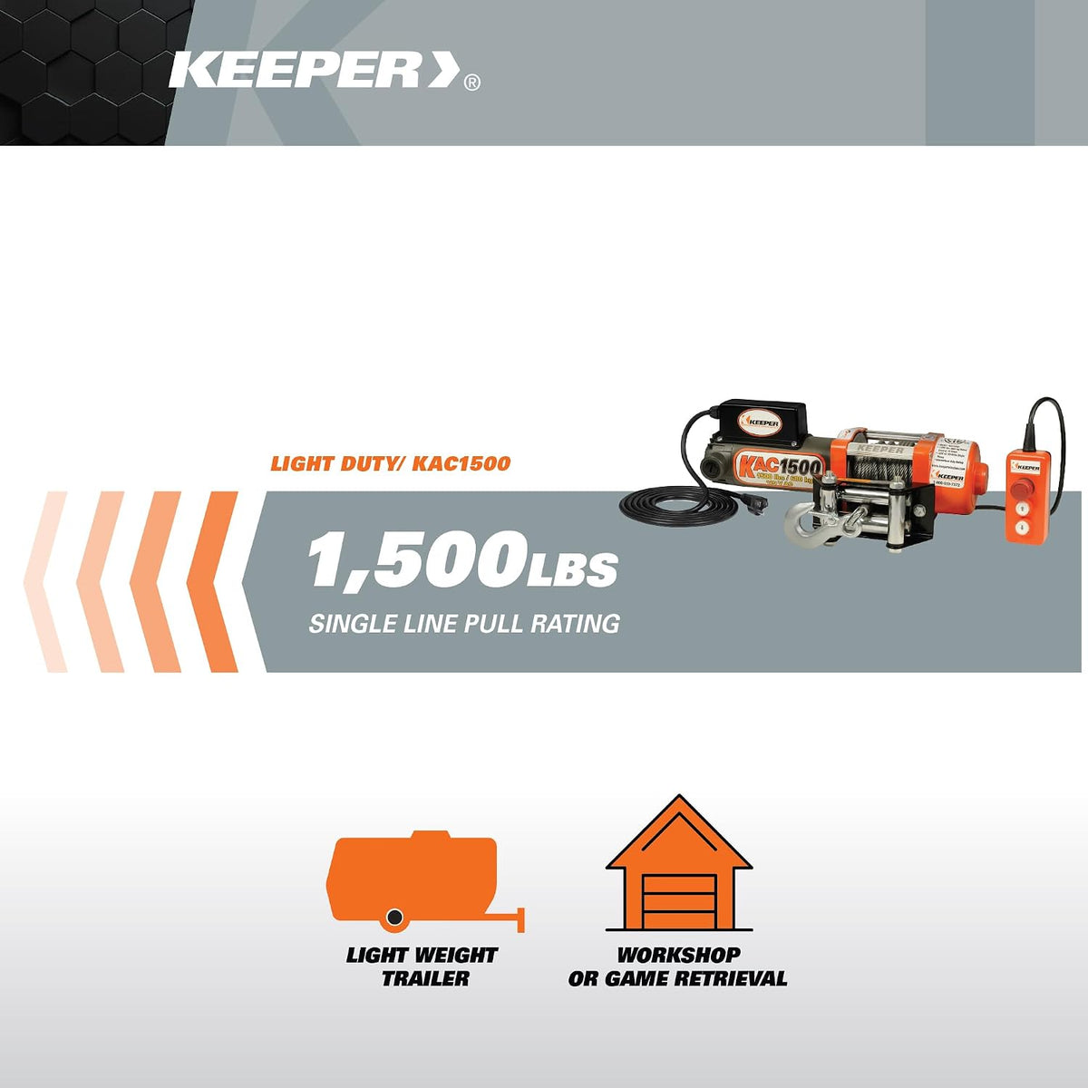 KEEPER Electric Winch 110/120V AC with Remote, Hand Held Control, 1500 lb. Capacity, AC Power, ATV, Truck, SUVs, Large Vehicles, Trailer Winch (Does not include clevis hook)