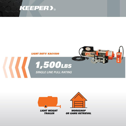 KEEPER Electric Winch 110/120V AC with Remote, Hand Held Control, 1500 lb. Capacity, AC Power, ATV, Truck, SUVs, Large Vehicles, Trailer Winch (Does not include clevis hook)