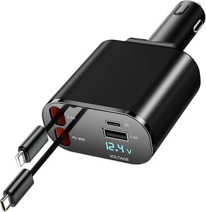 Retractable Car Charger, 4 in 1 Fast Car Charging 60W, Compatible for iPhone 16 Car Travel Essentials Charger, Women Men for Gifts USB C Car Honda Civic Accessories Adapter Compatible for iPhone 16 15