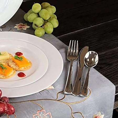 Plastic Cutlery Silverware Extra Heavyweight Disposable Flatware, Full Size Plastic Forks Like Silver 24 Pack