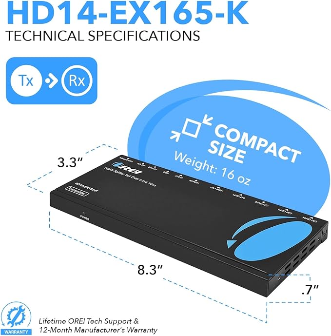 OREI 4K 1x4 HDMI Extender Splitter Over CAT67 Ethernet Cable Up to 4K30Hz upto 165 ft-1080P60Hz upto 230 ft, IR control, EDID, HDMI Loop Out (HD14-EX165-K)